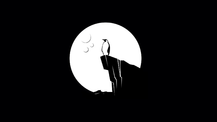 ilustrasi penguin putih dan hitam, Tux, Linux, tebing, es, Bulan, minimalis, vektor, Penguin, Wallpaper HD