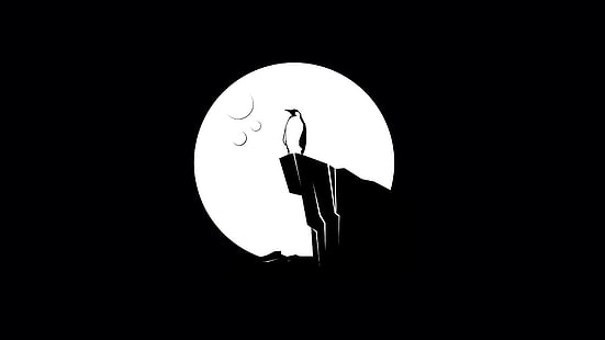 illustrazione di pinguino bianco e nero, Tux, Linux, scogliera, ghiaccio, Luna, minimalismo, vettore, pinguino, Sfondo HD HD wallpaper
