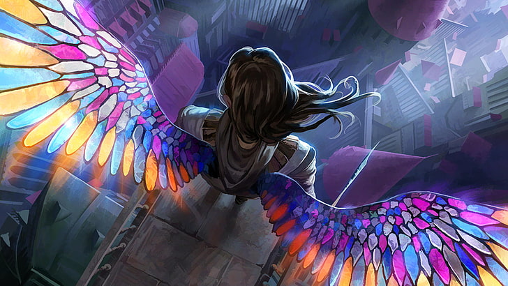 czarnowłosa osoba z wielokolorowymi skrzydłami ilustracja, bez tytułu, anioł, skrzydła, witraże, fantasy art, Magic: The Gathering, grafika, sztuka cyfrowa, Tapety HD
