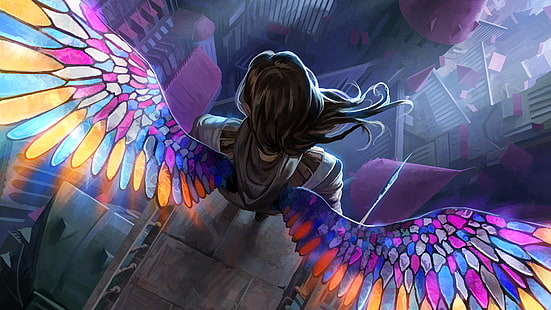 черноволосый человек с разноцветными крыльями иллюстрации, без названия, ангел, крылья, витражи, фэнтези-арт, магия: сбор, произведения искусства, цифровое искусство, HD обои HD wallpaper
