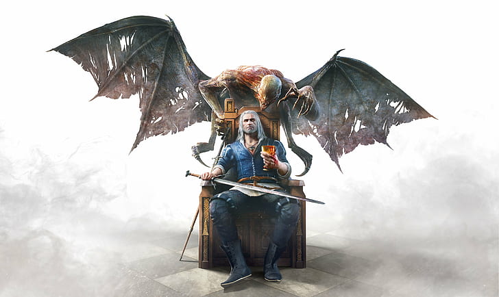 throne, digital art, blood and wine, wings, Geralt of Rivia, video games, The Witcher, white hair, sword, artwork, vampires, The Witcher 3: Wild Hunt, HD wallpaper