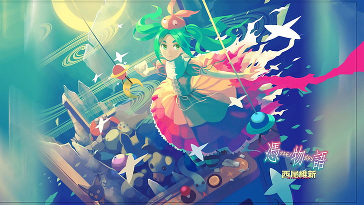 緑髪の女性アニメキャラクターデジタル壁紙、物語シリーズ、小野木四木、アニメ、 HDデスクトップの壁紙