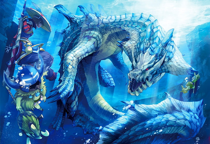 blue dragon character digital wallpaper, Monster Hunter, Lagiacrus, Kayamba, Cha-cha, HD wallpaper