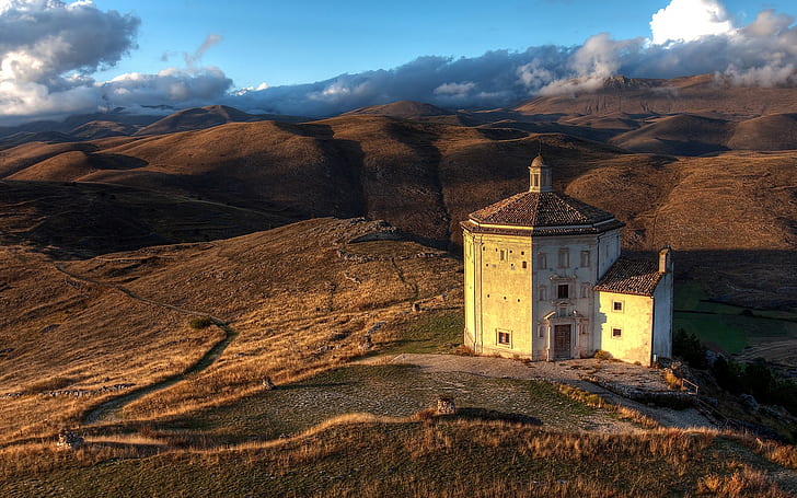 landskap, kyrka, Italien, Abruzzo, kullar, gammal byggnad, HD tapet