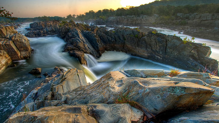 การสัมผัสน้ำตกทิวทัศน์ยาวธรรมชาติแม่น้ำหินเวอร์จิเนีย, วอลล์เปเปอร์ HD