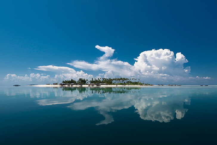 île, mer, eau, nuages, réflexion, palmiers, Fond d'écran HD
