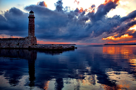 photography, landscape, water, sea, lighthouse, harbor, HD wallpaper HD wallpaper