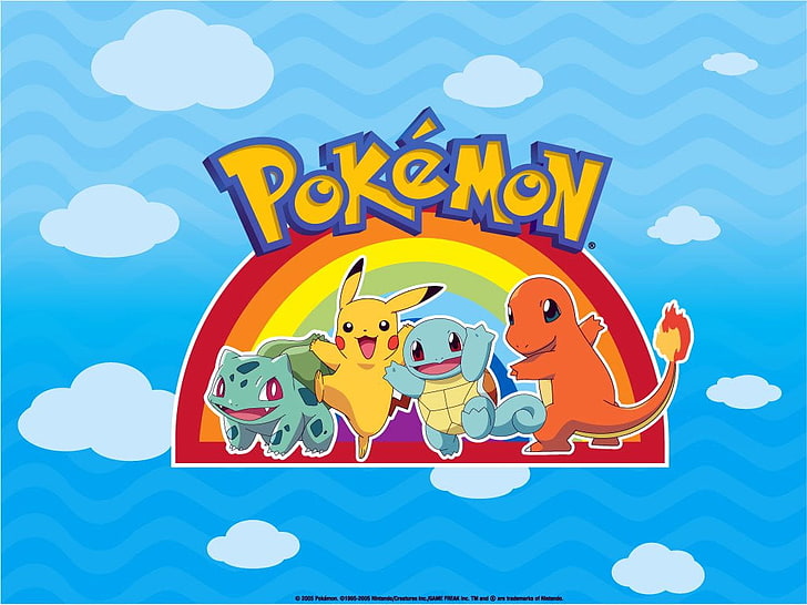 Papel de parede de arco-íris de personagem Pokemon com nuvens, Pokémon, Bulbasaur (Pokémon), Charmander (Pokémon), Pikachu, Squirtle (Pokémon), HD papel de parede