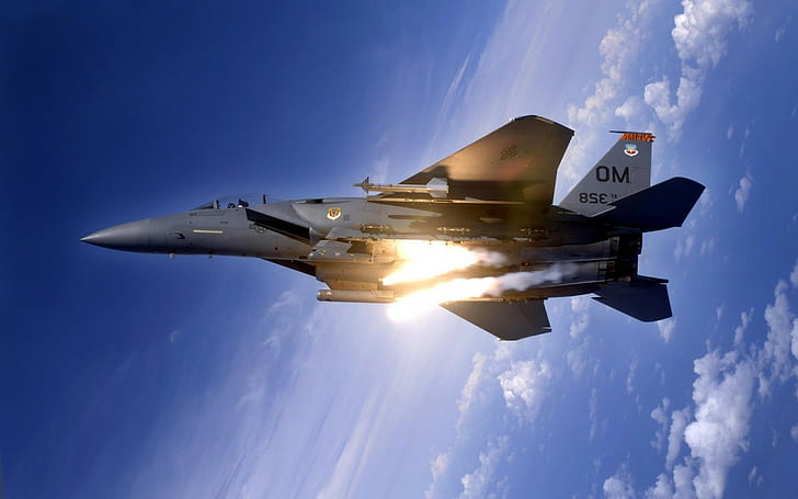 war missiles airplane blue clouds clear sky flares f 15 eagle f 15 military, HD wallpaper