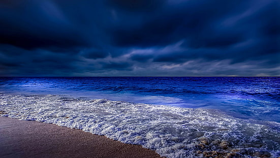 beach, twilight, darkness, night, evening, coast, dusk, cloudy, calm, water, sea, cloud, foam, wave, shore, seashore, ocean, horizon, sky, HD wallpaper HD wallpaper