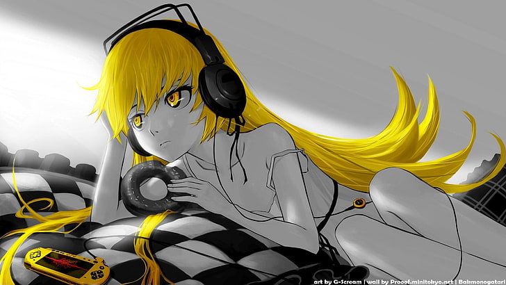 Monogatari Series, Oshino Shinobu, headphones, anime girls, selective coloring, yellow hair, PSP, Game Babe, HD wallpaper
