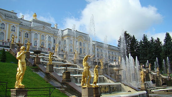 различни златни статуи, Русия, Санкт Петербург, статуя, фонтан, архитектура, HD тапет HD wallpaper