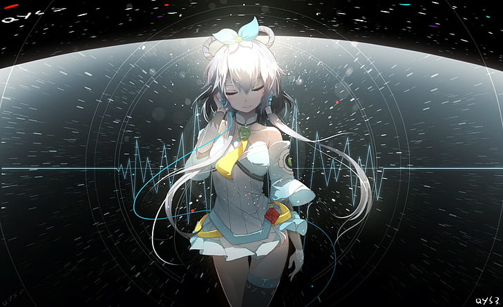 Luo Tianyi, Vocaloid China, white hair, white dress, waveforms, audio spectrum, HD wallpaper