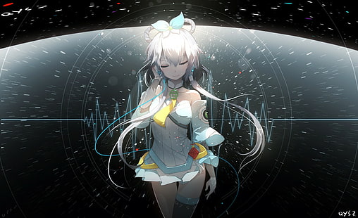 Luo Tianyi, Vocaloid China, white hair, white dress, waveforms, audio spectrum, HD wallpaper HD wallpaper