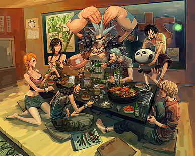 One Piece characters painting, One Piece, anime, Monkey D. Luffy, Nico Robin, Usopp, Nami, Tony Tony Chopper, Roronoa Zoro, Sanji, HD wallpaper HD wallpaper