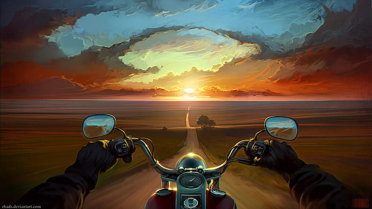Motorrad-Sonnenuntergang, der Schotterweg HD, digital / Grafik, Zeichnung, Sonnenuntergang, Straße, Motorrad, Schmutz zeichnet, HD-Hintergrundbild