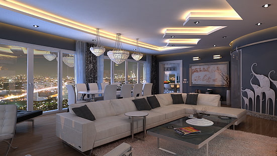 أريكة مقطعية بيضاء ، غرف معيشة ، سيتي سكيب ، داخلي ، تصميم داخلي ، في الداخل، خلفية HD HD wallpaper