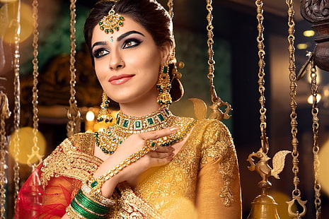 Modelli, modello, orni, ragazza, indiano, gioielli, collana, sari, donna, Sfondo HD HD wallpaper