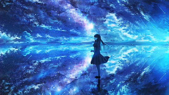 anime, gadis anime, wanita, gadis fantasi, seni digital, karya seni, ilustrasi, seni fantasi, galaksi, alam semesta, bintang, malam berbintang, langit berbintang, langit, skyscape, refleksi, awan, lingkungan, dreamscape, biru, konsep seni, malam, langit malam, Wallpaper HD HD wallpaper
