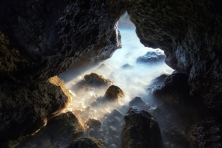 камни на входе в пещеру иллюстрация, пещера, природа, скала, солнечный свет, HD обои