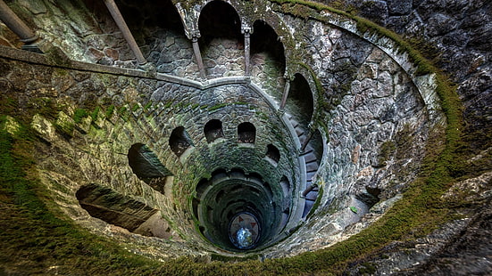 stairs, staircase, spiral, tower, quinta da regaleira, sintra, portugal, initiation well, europe, palace, castle, HD wallpaper HD wallpaper