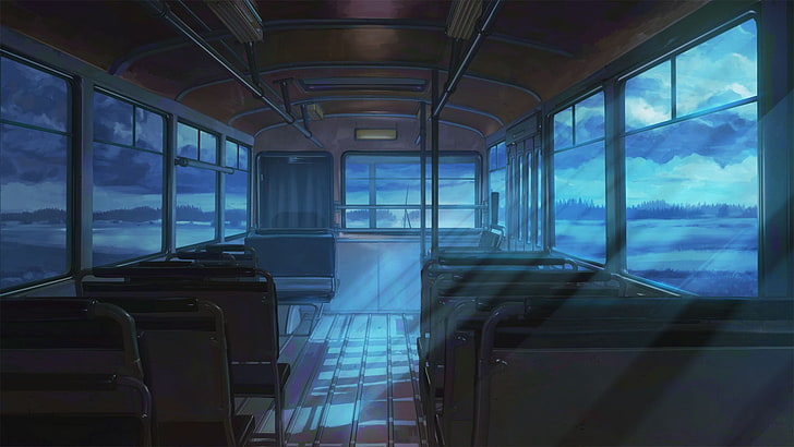 à l'intérieur de la peinture de bus, nuit, nuages, été éternel, ArseniXC, ville, roman visuel, bus, Fond d'écran HD