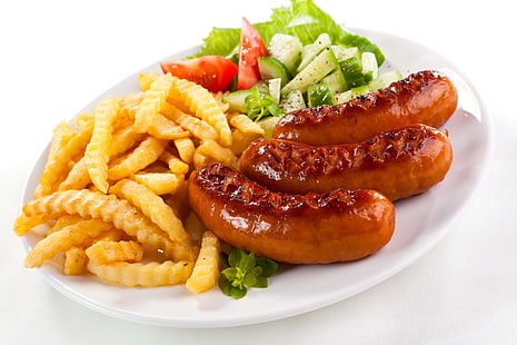 sausage with french fries and vegetable, sausage, potatoes, salad, plate, HD wallpaper HD wallpaper