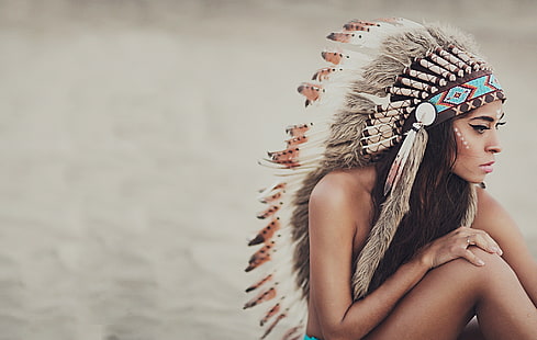 women's white and brown native American headdress, girl, face, background, feathers, paint, headdress, HD wallpaper HD wallpaper