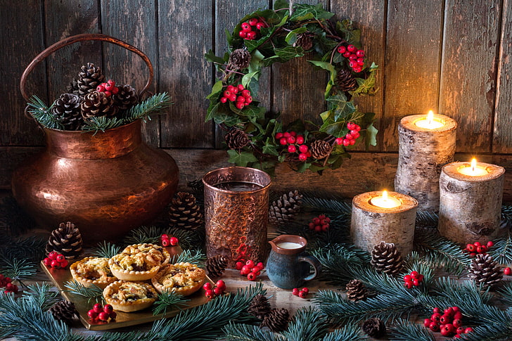 style, berries, candles, New Year, Christmas, still life, bumps, cake, HD wallpaper
