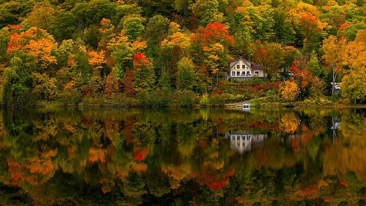 autunno, foresta, casa, riflessione, fiume, Canada, Quebec, QC, Mont-Tremblant, Devil's River, Река Дьябль, Sfondo HD
