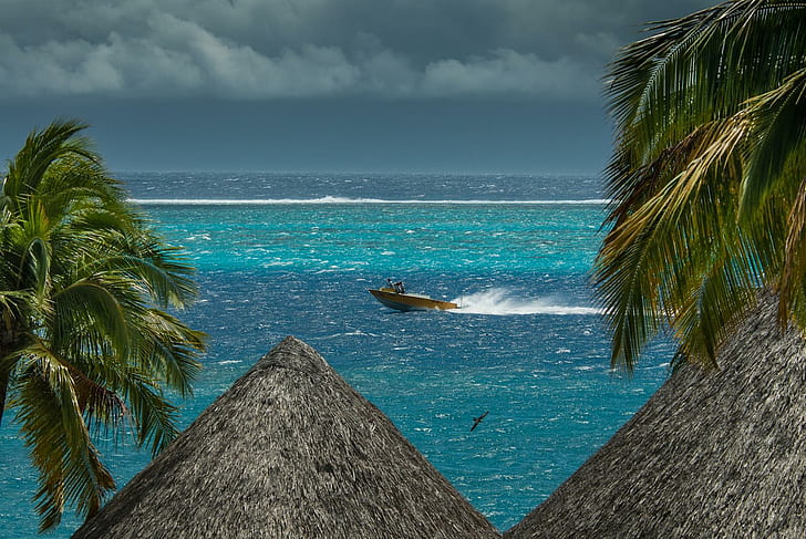 Таити Бурный, тропический, острова, бурный, облачно, скорость, Таити, пляж, Полинезия, океан, лодка, рай, облака, вид, остров, HD обои