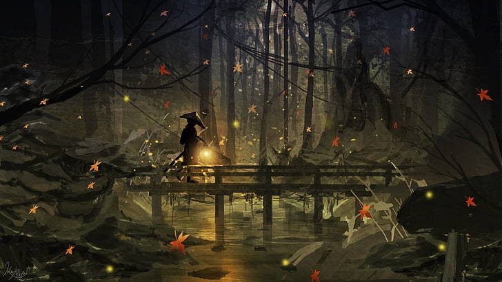 Аниме, оригинал, мост, тъмно, гора, латерн, лист, нощ, дърво, HD тапет