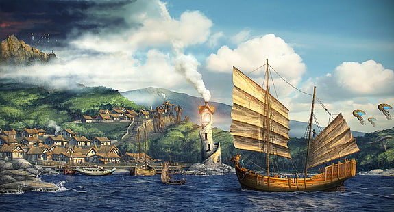 fond d'écran numérique, art, voilier, eau, mer, nuages, art fantastique, The Elder Scrolls III: Morrowind, jeux vidéo, maison, fumée, phare, collines, montagnes, oiseaux, champignon, brouillard, rock, Fond d'écran HD HD wallpaper