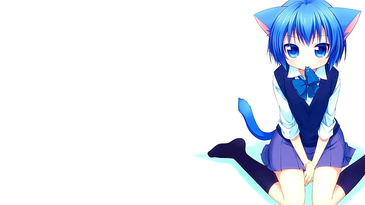 anime, anime girls, cat girl, nekomimi, cheveux courts, cheveux bleus, personnages originaux, fond blanc, Fond d'écran HD