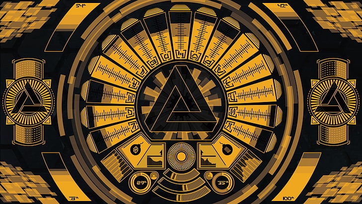 тапети с жълто и черно лого, геометрия, Abstergo Industries, интерфейси, звук, Deus Ex: Human Revolution, Deus Ex, Penrose триъгълник, HD тапет