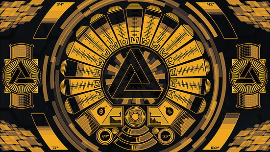 żółto-czarna tapeta z logo, geometria, Abstergo Industries, interfejsy, dźwięk, Deus Ex: Human Revolution, Deus Ex, trójkąt Penrose'a, Tapety HD HD wallpaper