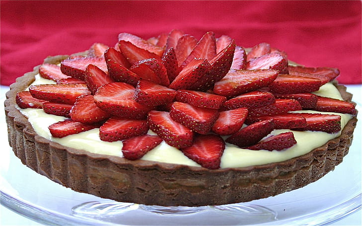Strawberry Layers Tart, strawberry cake, strawberries, filling, layers, cream, crust, chocolate, tart, delicious, abstract, sweet, fruit, 3d and, HD wallpaper