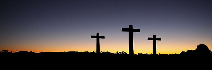 христианство, крест, рассвет, сумерки, панорамный, силуэт, восход, закат, HD обои