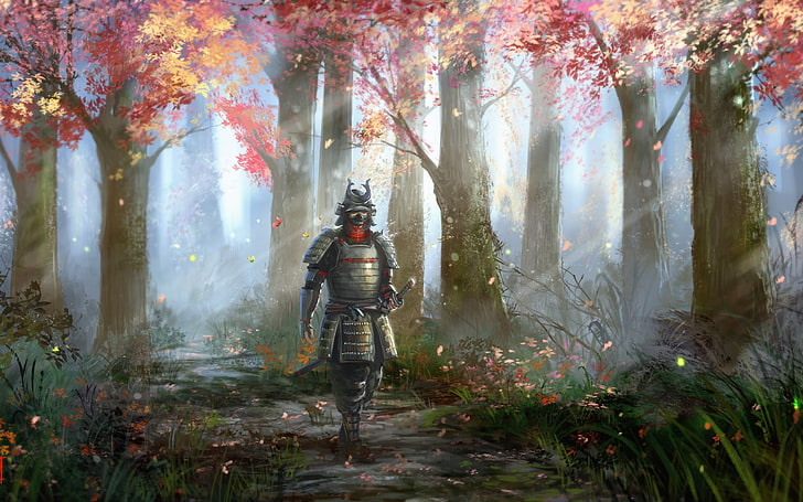Kriegerritter, der auf die grüne Dschungelmalerei, Grafik, Fantasiekunst, Samurai, Wald, Bäume, Rüstung, Klinge geht, HD-Hintergrundbild