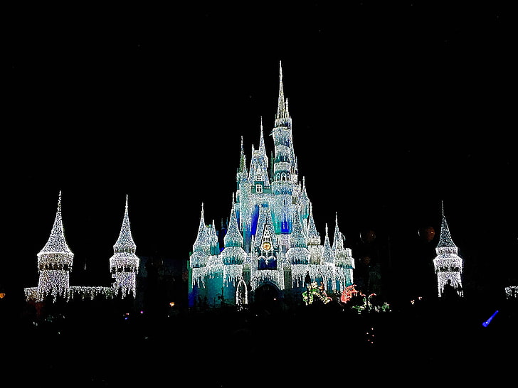 城、クリスマスライト、ディズニー、花火、ライトショー、魔法、ミッキーマウス、 HDデスクトップの壁紙