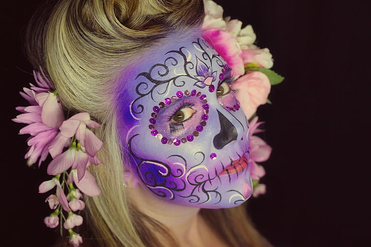 look, girl, flowers, face, hair, paint, day of the dead, HD wallpaper