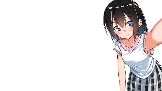 anime, manga, anime girls, sfondo semplice, minimalismo, occhi blu, bruna, selfie, studentessa, Sfondo HD HD wallpaper