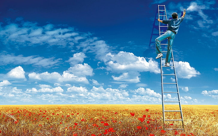 gray steel ladder, sky, clouds, field, flowers, ladders, men, spray, painting, digital art, creativity, graffiti, HD wallpaper
