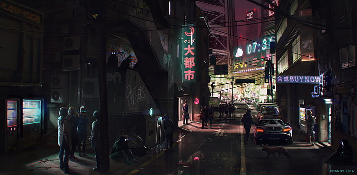 carta da parati scena di gioco, cyberpunk, paesaggio urbano, disegnato, acqua, orientale, Sfondo HD