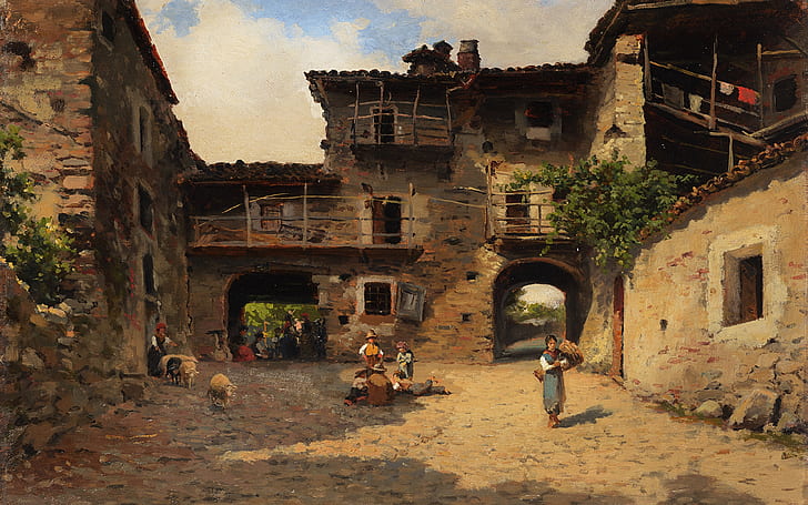 Peintre italien, Silvio Poma, huile sur tablette, Scène de la vie rurale, Scène de la vie rurale, Une scène de la vie rurale, Fond d'écran HD