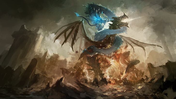 pintura de dragones azules y marrones, arte de fantasía, dragón, Fondo de pantalla HD