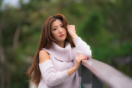 женщины, модель, брюнетка, смотрит на зрителя, глубина резкости, свитер, азиатка, забор, HD обои HD wallpaper