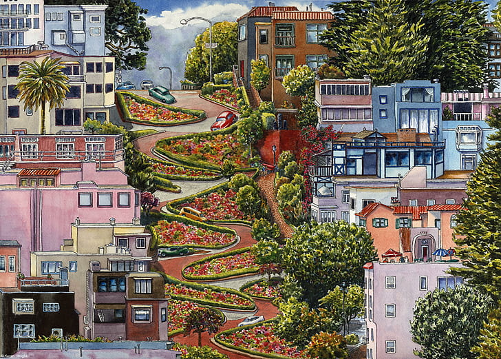 lombard street, san francisco, california, art, lombard street, san francisco, california, HD wallpaper