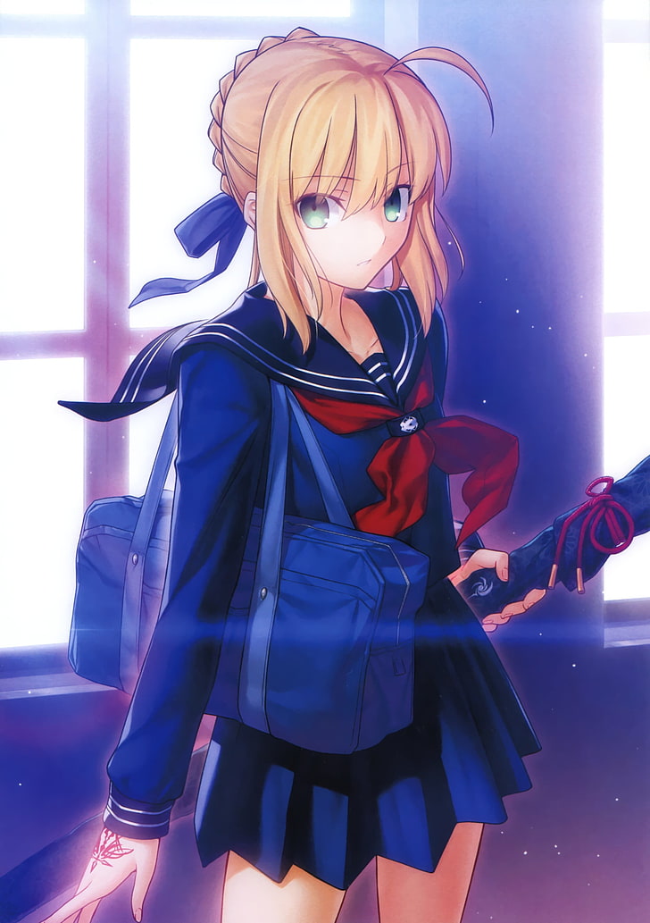 gold-haired female anime character wallpaper, Type-Moon, Fate Series, Saber, school uniform, anime girls, anime, HD wallpaper