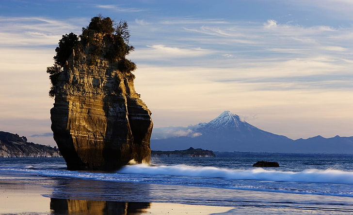 뉴질랜드 해변, 타라 나키 산, 오세아니아, 뉴질랜드, 산,보기, 뉴질랜드, 해변, 타라 나키, HD 배경 화면